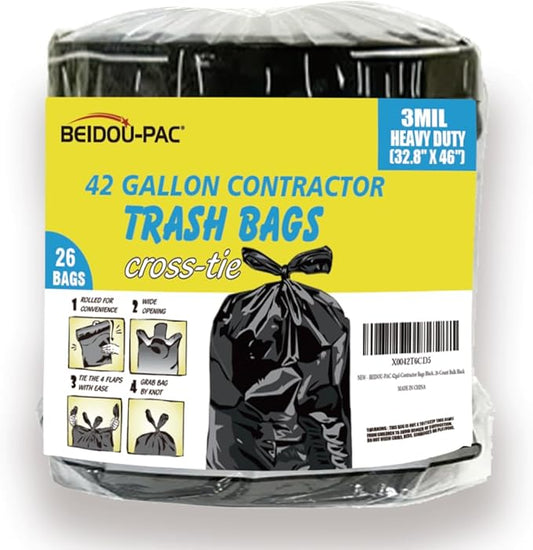 Contractor Heavy Duty Trash Bags 42 Gallon | 26 Count | 3 MIL | 32.8" X 46" | Large Black Flap Tie Construction Garbage Bags for Business Home Commercial, Industrial, Storage, Outdoor