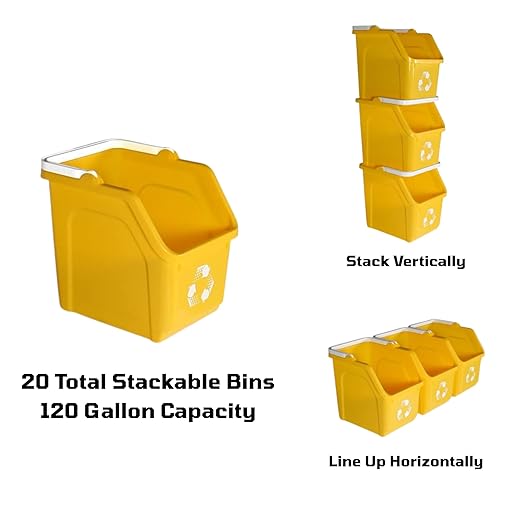 6 Gallon Stackable Recycling Bins for Homes, Garages, Offices Made of 100% Recycled Plastic - (Yellow, 20 Pack)