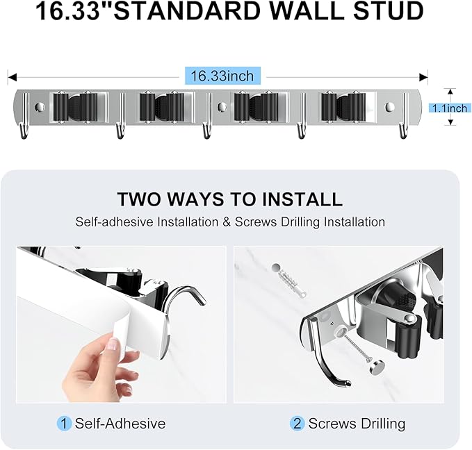 nacena Broom holder Wall Mount, 2-Pack Stainless Steel Self-Adhesive Mop and Broom Hooks Heavy Duty Broom and Mop Storage Rack laundry room organization Garage Organizer for Kitchen Garden garage