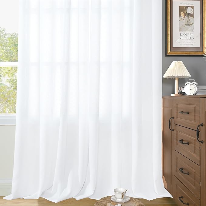 YoungsTex White Linen Curtains for Living Room 95 Inch Long 2 Panels, Semi Sheer Drapes Light Filtering with Pinch Pleated for Bedroom Dining Room Floor Length Window Treatments, 40 X 95 Inch