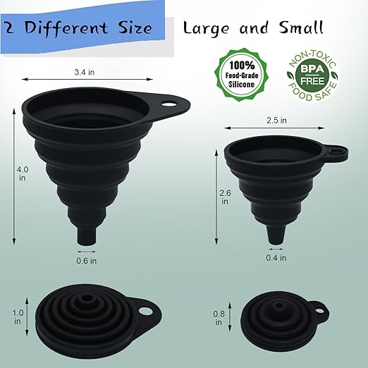 6 Pack Funnels for Kitchen Automotive Use Filling Bottles, Plastic Funnels Assorted 4 Sizes, Silicone Collapsible Funnel Set 2 Small and Large for Liquids, Oils, Powders Transfer, Cooking