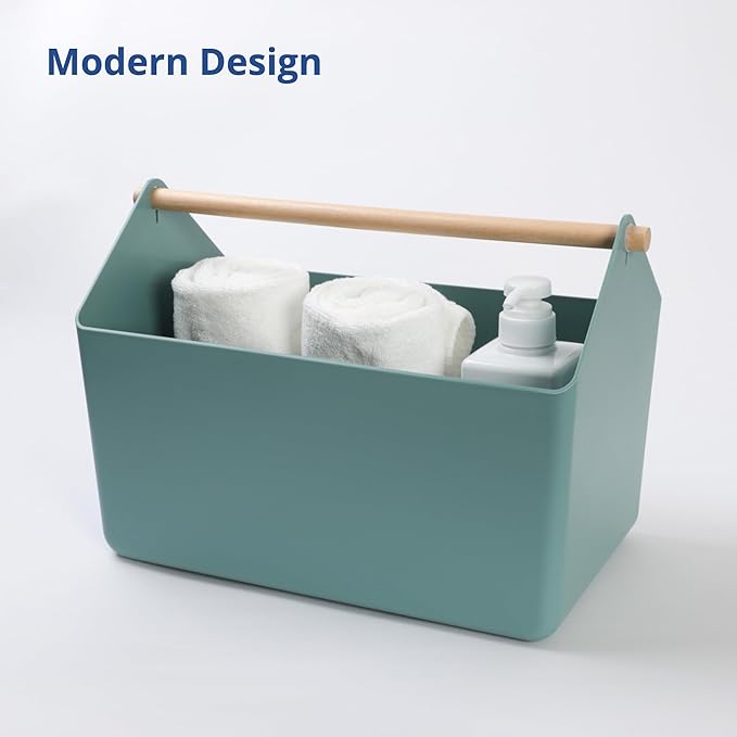 BLUE GINKGO Large Storage Basket – Plastic Caddy with Wooden Handle for Bathroom, Pantry, or Cleaning Supplies (Green)
