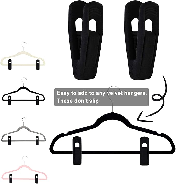 Black Velvet Hangers Clips 20 PCS, Non-Slip Velvet Clips for Suit Pant Skirt Hanger, Strong Finger Clips Perfect for Thin Flocking Hangers