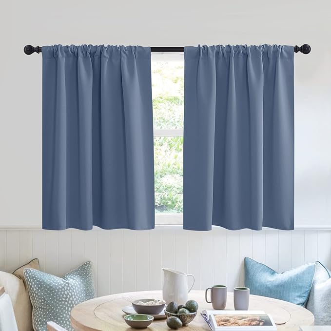 RYB HOME RV Curtains for Camper Windows - Soft Thermal Insulated Small Window Curtain Tiers for Cafe Kitchen Bedroom Basement Glass Door Window, W 42 x L 30 inches, Stone Blue, 2 Panels
