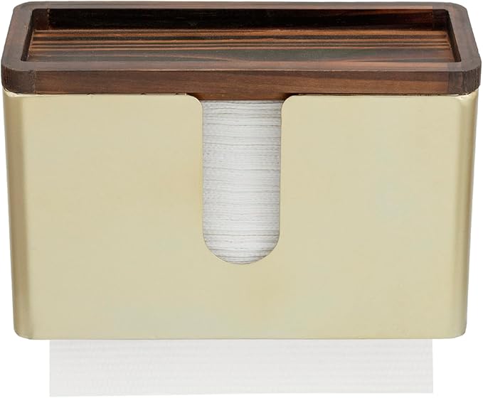 MyGift Deluxe Modern Brass Tone Metal Folded Commercial Paper Towel Holder with Burnt Solid Wood Tray Lid, Wall Mounted Trifold Multifold Z Fold Disposable Napkin Dispenser