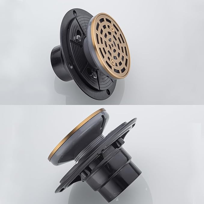 RANDOM Round Shower Drain SUS304 Stainless Steel Champagne Bronze Shower Drain 4 inch with Adjustable PVC Base Flange,Shower Floor Drain with Removable Cover Grid Grate