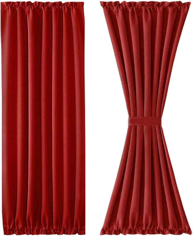 DWCN French Door Curtains – Rod Pocket Thermal Blackout Curtain for Doors with Glass Window, Christmas, Kitchen and Patio Doors for Privacy, 54 X 72 Inches Long, 1 Curtain Panel with Tieback, Red