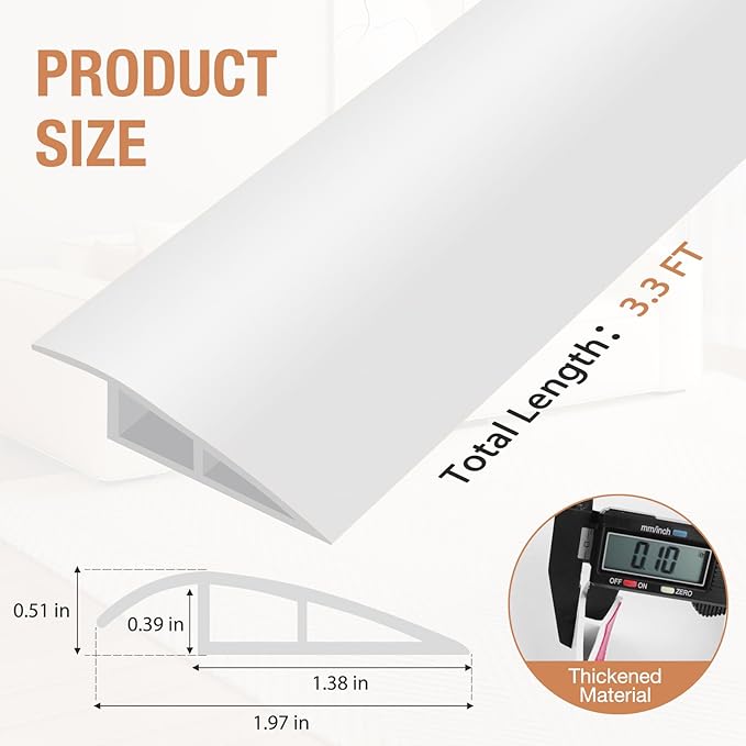 Floor Transition Strip Self Adhesive Vinyl Door Threshold for Doorways Carpet Edging Trim Overlap Edge Reducer for Laminate Floor, Carpet, Tile (White, 1/5" to 2/5", 3.3Ft)