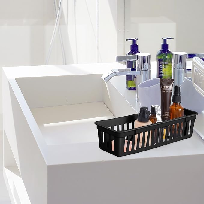 Domensi 24 Pcs Slim Plastic Storage Baskets Tray for Organizing 10.25 x 3.25 x 2.5 Inch Small Storage Bins Stackable Drawer Pencil Trays Holder for Desk Garage Office Containers(Black)