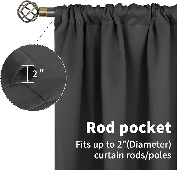 BGment Pocket Bedroom Curtains 63 Inch Long Dark Grey, Room Darkening Thermal Insulated Blackout Drapes for Living Room Privacy Light Blocking Blinds, 52 x 63 Inch, 2 Panels