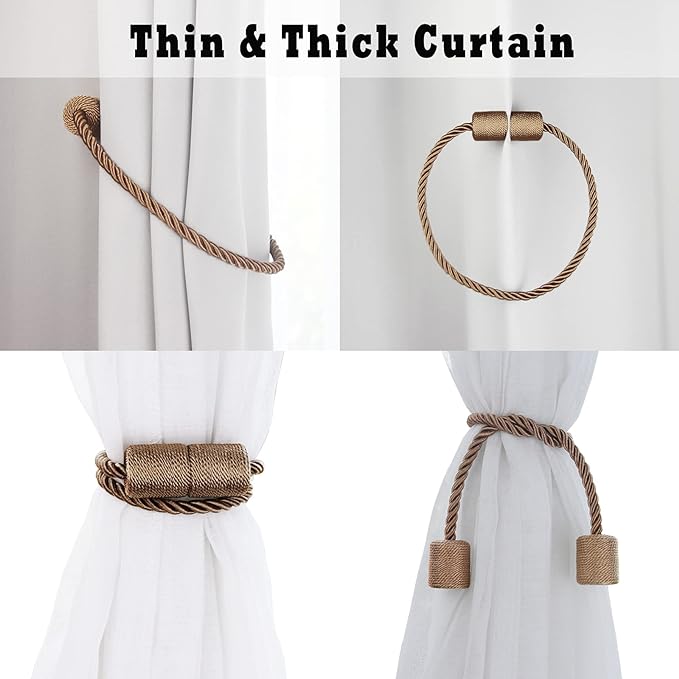 2 Pack Strong Magnetic Curtain Tiebacks Outdoor Elegant Decorative Tie Backs Modern Rope Tiebacks for Drapes Window Curtain Holdbacks for Draperies- Khaki