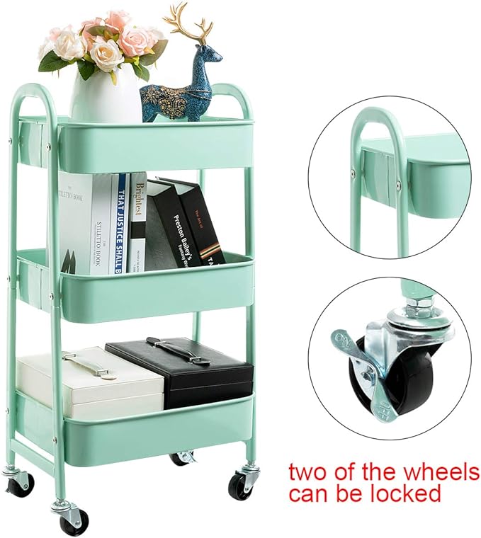 AGTEK Makeup Cart, Movable Rolling Organizer Cart, Macaron Blue 3 Tier Metal Utility Cart