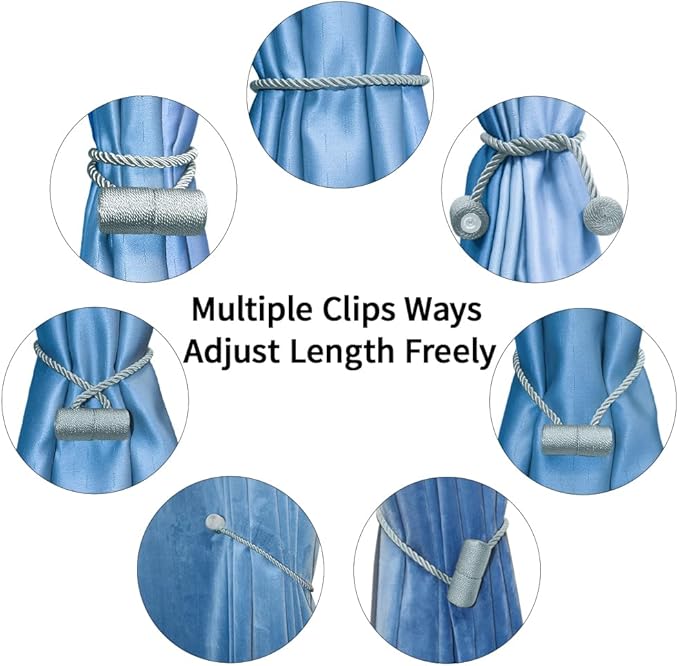 18 Inch Strong Magnetic Curtain Tiebacks, Curtain Holdbacks Modern Upgrade Strong 2021 New Twisted Style Decorative Drapery Rope Tie Backs(4 Pack Grey Blue)
