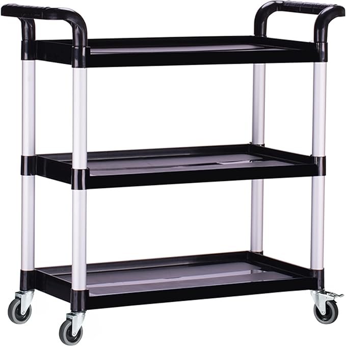 Plastic Utility Carts with Wheels, Heavy Duty 510lbs Capacity Rolling Service Cart, 3-Tier Restaurant Food Cart with Hammer for Office, Warehouse, Garage (Lockable Wheels, Black)