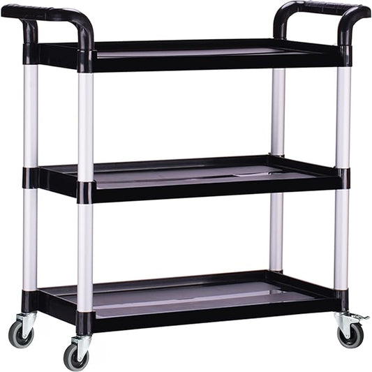 Plastic Utility Carts with Wheels, Heavy Duty 510lbs Capacity Rolling Service Cart, 3-Tier Restaurant Food Cart with Hammer for Office, Warehouse, Garage (Lockable Wheels, Black)