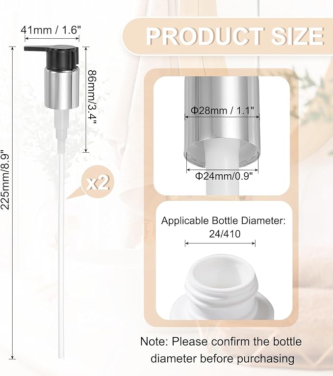 uxcell 2 Pcs Soap Dispenser Pump Heads, Hand Soap Dispensers Top Pumps Replacement Clip-on Pumphead for Standard 24/410 Neck Size Bathroom Lotion Shampoo Bottle, Silver Black