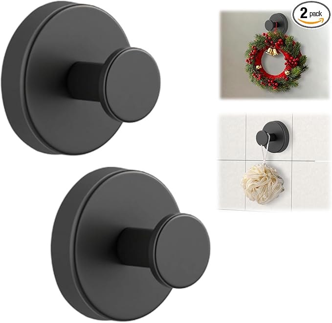 Suction Cup Hooks for Wreaths on Glass, No-Drill Suction Cup Hooks, Wreath Hangers for Front Doors, Metal Towel Hooks for Showers Bathrooms Mirrors (2Pcs Black)