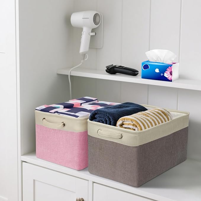 BALEINE 4 Pack Fabric Storage Bins for Shelves, Linen Storage Baskets for Organizing, Decorative Closet Bins for Clothes, Home (Brown, 15"x11"x9.5")
