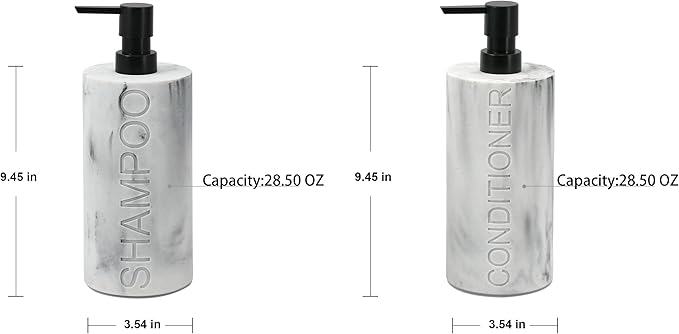 Marble Resin 2 Piece Shampoo and Conditioner Dispenser Set, Luxurious Refillable Pump Bottles with Matte Pump Top and Embossed Text, Durable Design for Bathroom and Shower