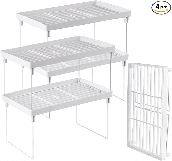 NiHome 4-Pack Stackable Plastic Kitchen Storage Shelf Foldable Rack - White Kitchen Cabinet Organizer and Storage Shelves Stackable Expandable Storage Racks for Counter Cabinet Pantry