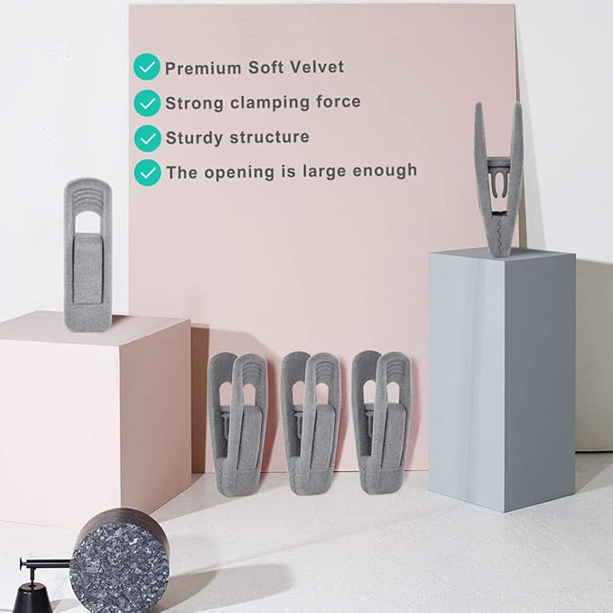 Grey Velvet Hangers Clips (50-Pack), Non-Slip Velvet Skirt Hanger Clips for Velvet Hangers, Strong Finger Clips Perfect for Kids Velvet Hangers Skirt Pant Clothes Gray Velvet Hangers