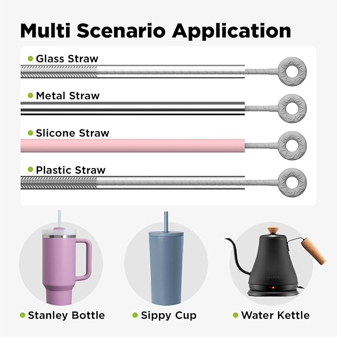 2 Pcs Silicone Straw Cleaner Brush, Extra Long Cleaning Brushes for Straws, 6mm&9mm, Gray