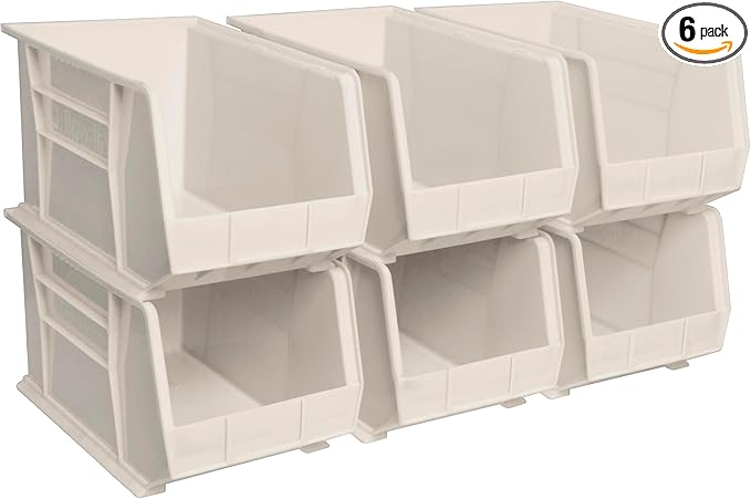 Akro-Mils 30260 AkroBins Plastic Storage Bins, Space-Saving Stackable Bins for Garage, Pantry, Craft Organization, 18" x 11" x 10", Stone, 6-Pack