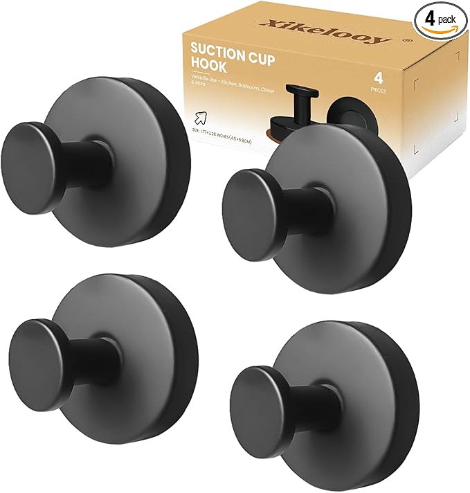 4 Pcs Suction Cup Hooks for Shower，Removable Hooks，Towel Hook，Suction Hook for Bathroom, Bedroom, Glass Window (Black)
