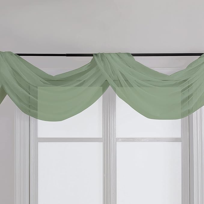 Chyhomenyc Sage Green Sheer Scarf Valances for Windows 216 Inch Extra Long, Window Scarf Drapes Rod Pocket Backdrop for Wedding Arch Draping/Party/Canopy Bed/Living Room, 2PC, 18 Feet Length