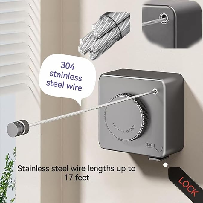 Retractable Clothesline, Wall Mounted, Stainless Steel, 17 Ft Indoor Outdoor (White)