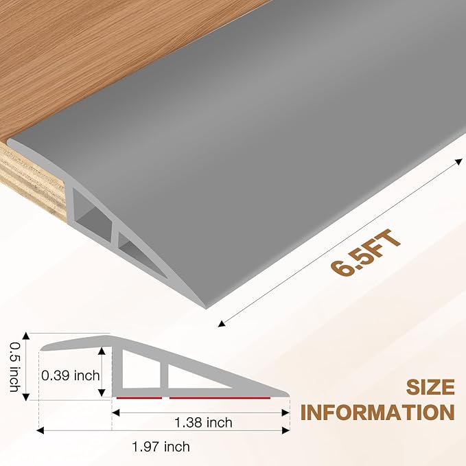 Floor Transition Strip Vinyl Door Threshold Ramp Self Adhesive Carpet Edging Strip Doorway Edge Trim, Overlap Edge Reducer for Laminate Carpet, Floor, Tile (Gray, 1/5" to 2/5", 6.6Ft)