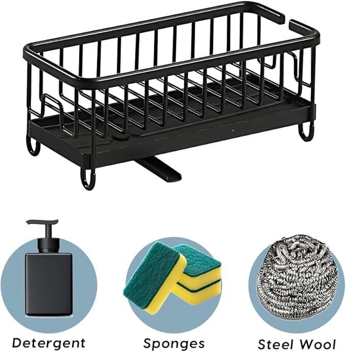 SunnyPoint Never Rust Aluminum Utensil, Sink Cleaning Tools Holder for Kitchen Sink with Drain Board; Dish Wand, Sponge, Soap Dispenser, Utensil Organizer Caddy (BLK)