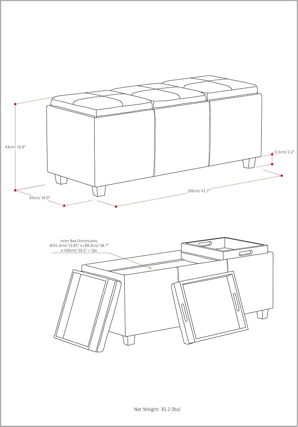 SIMPLIHOME Avalon 42 Inch Wide Contemporary Rectangle Storage Ottoman in Slate Grey Linen Look Fabric, Assembled, For the Living Room, Entryway and Family Room