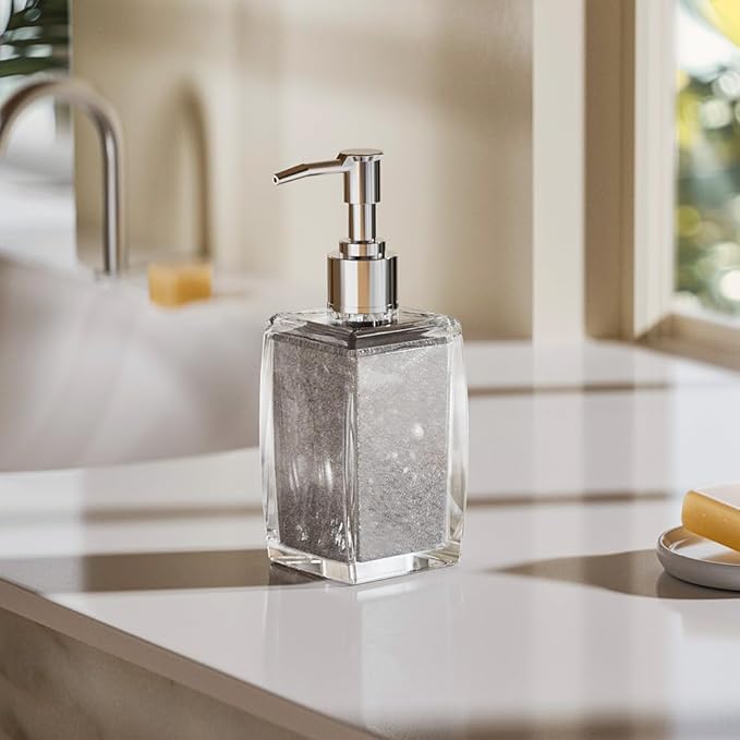 Silver Soap Dispenser with Refillable Plastic Pump for Bathroom Sink or Kitchen Counter, Ideal for Hand Soap, Liquid Soap, Dish Soap, or Lotion Use