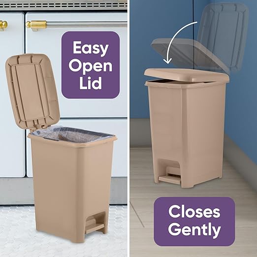 Superio Slim Step On Trash Can, Beige Waste Bin with Foot Pedal Lid 26 Liter, Kitchen, Under Desk, Office, Bedroom, Bathroom (2, 4 Gallon)