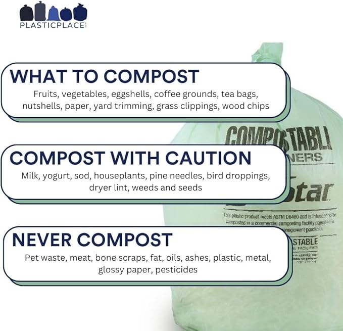 Plasticplace 12-16 Gallon Compostable Trash Bags │ 1Mil │ Green Tint Garbage Can Liners │ 24” x 33” (100 Count)