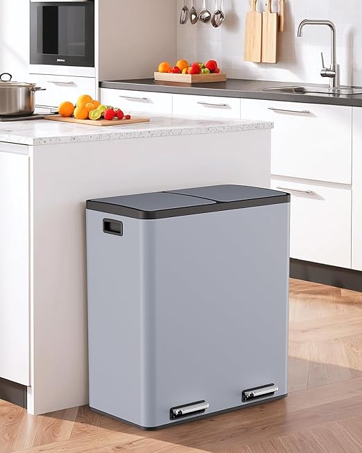 AthLike 60L(16 Gal) Dual Trash Can, Stainless Steel Kitchen Garbage Can, Double Compartment Classified Rubbish Bin, Recycle Dustbin w/Plastic Inner Buckets, Soft-Close Lid, Airtight (Haze Blue)