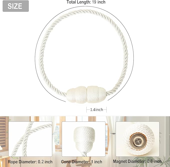 Magnetic Curtain Tiebacks - Rope Tie Backs for Curtains & Drapes - Decorative Window Holdbacks (6 Pack, White)