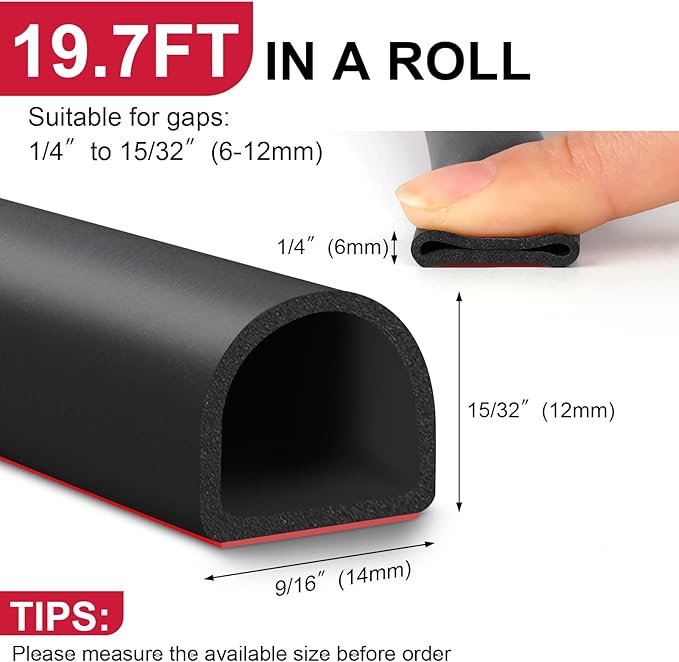 【New Upgrade】 Silicone Door Weather Stripping Door Seal Strip, 19.7 Feet Self-Adhesive D-Shape Door Insulation Strip for Door Frame& Window