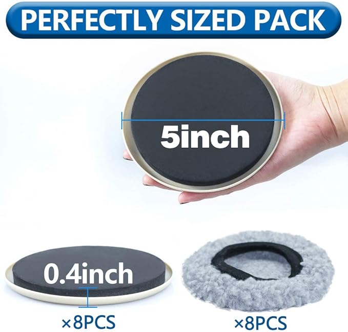 Furniture Sliders Multi-Surface 2-in-1 Reusable Moving Pads for All Floor Types - 8 Pack 5" Carpet Sliders and 8 Hardwood Socks - Protect Floor and Easier to Move Your Furniture