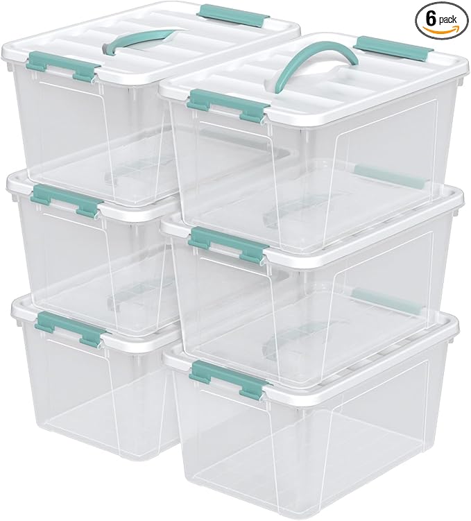 Zopnny 14 Quart Plastic Lidded Storage Bin with Handle, Clear Latching Box with White Lid, 6 Packs