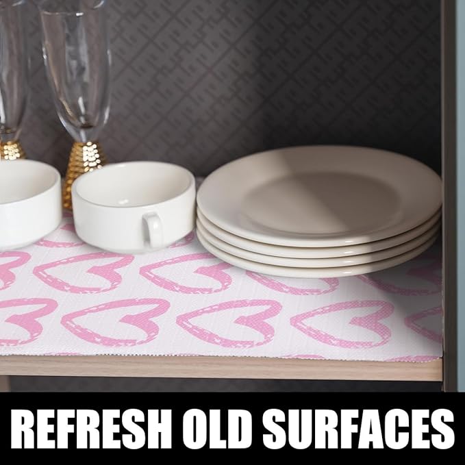 Heart Drawer Liner for Cabinets 16IN x 10FT,Shelf Liner Non-Adhesive and Strong Non-Slip Cabinet Drawer Liners for Kitchen,Table,Bookshelves,Waterproof Cupboard Liners,Pink