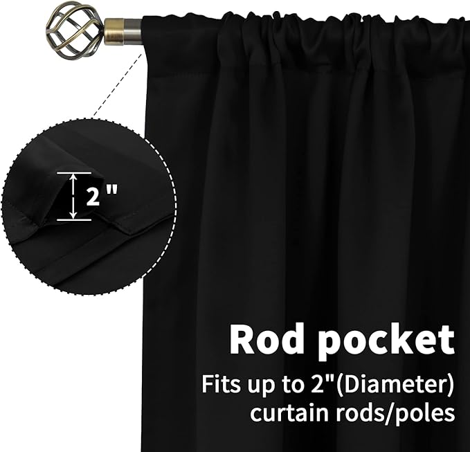 BGment Rod Pocket Blackout Curtains 48 Inches Length for Bedroom - Thermal Insulated Short Room Darkening Curtain Window Drapes, 42 x 48 Inch, 2 Panels, Black