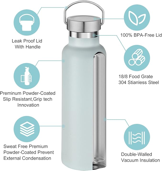 Neihepal 20 oz Insulated Water Bottles Bulk 8 Pack,Stainless Steel Double Wall Sport Bottle with Lid of Handle,Metal Reusable Flask with Cup Cap for School,Hikers,Gift (Fog,Set of 8)