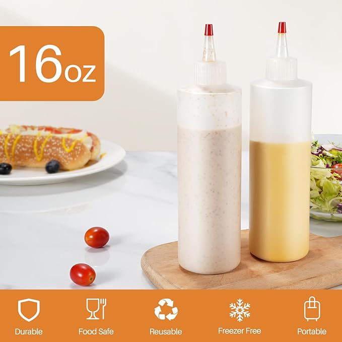 Sopito Squeeze Bottles, 16oz Plastic Condiment Squeeze Bottles with Labels & Funnels & Brusher for Liquids Sauces Ketchup Oil, 3 Pack