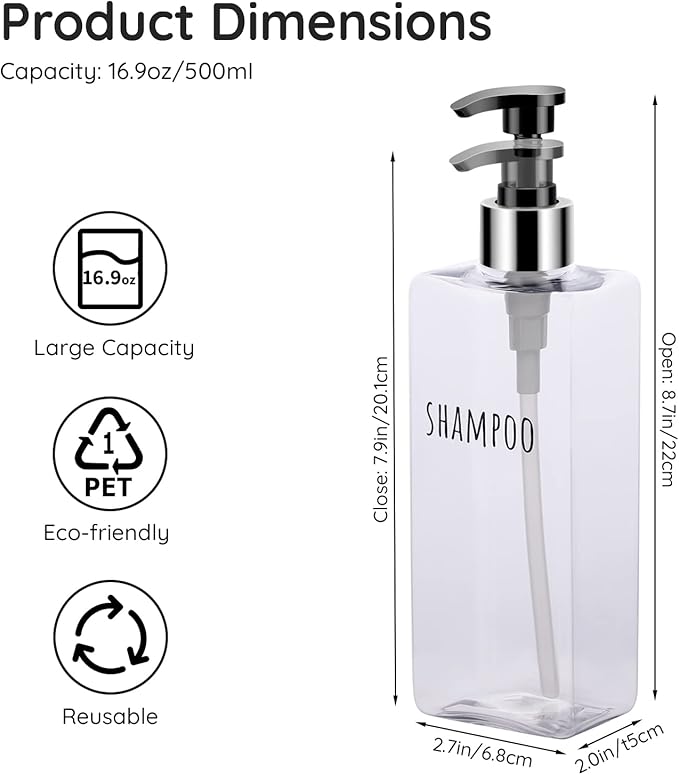 Segbeauty 3pcs Clear Soap Dispenser, 16.9oz Refillable Shampoo Conditioner Bottles, 500ml Empty Plastic Square Body Wash Dispenser for Shower Bathroom Press Pump Bottle Liquid Container Set