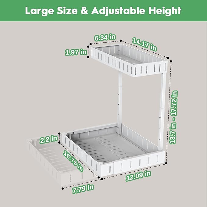 REALINN Under Sink Organizer, 2 Tier Expandable Under Cabinet Organizer, Heights Adjustable Pull Out Storage for Kitchen Bathroom Laundry, White, 2 Pack