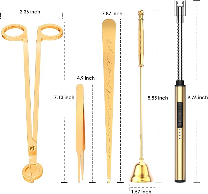 5 in 1 Candle Accessory Set,Candle Wick Trimmer Cutter,Candle Wick Dipper,Candle Wick Snuffer,Rechargeable Candle Lighter,Tweezers,Stainless Steel Candle Care Kit Home Gift for Aromatherapy(Gold)
