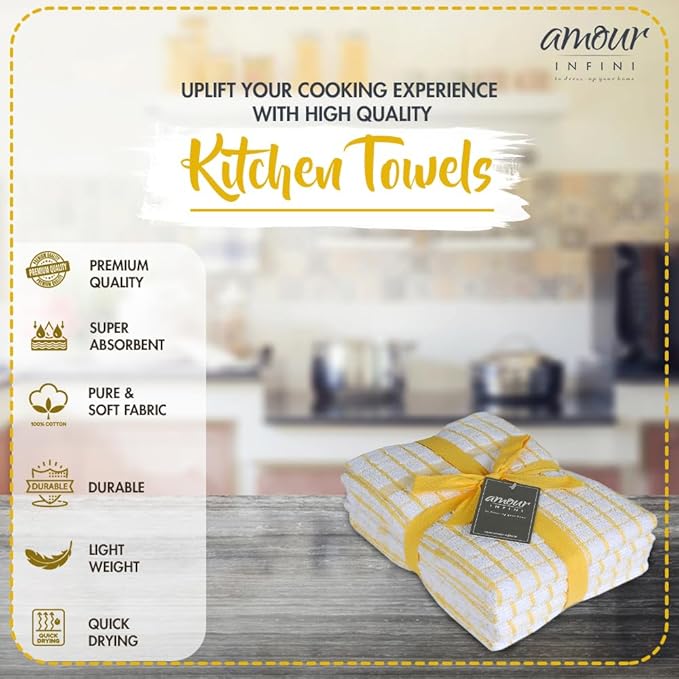 AMOUR INFINI Kitchen Towels Set of 4 - Highly Absorbent, Super Soft Terry Cotton 20x28 Inch Dish Towels with Hanging Loop - Hand & Tea Towels for Cleaning & Drying Dishes (Yellow)