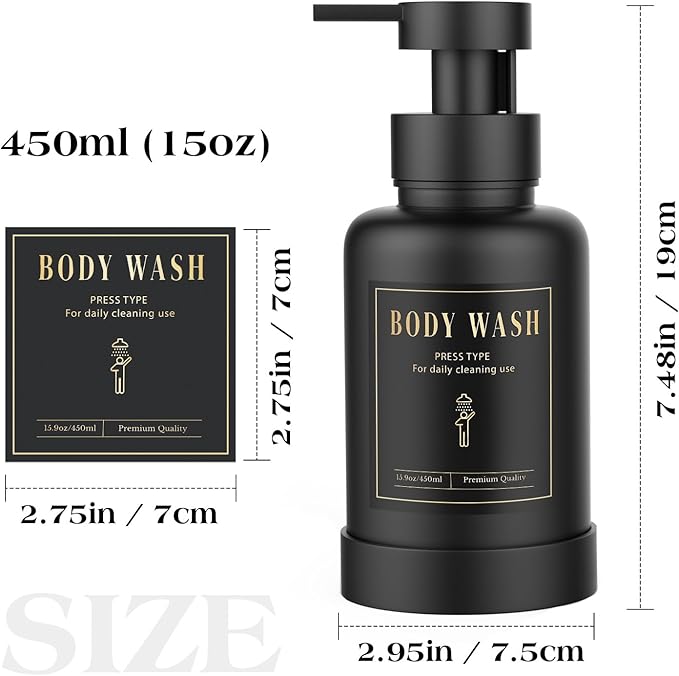 Luxspire Foaming Soap Dispenser, Glass Foam Pump Soap Dispenser, Non-Slip Hand Soap Container with 5 Waterproof Labels, 15 Oz Refillable Liquid Soap Holder for Bathroom & Kitchen, Black, 2 Pack